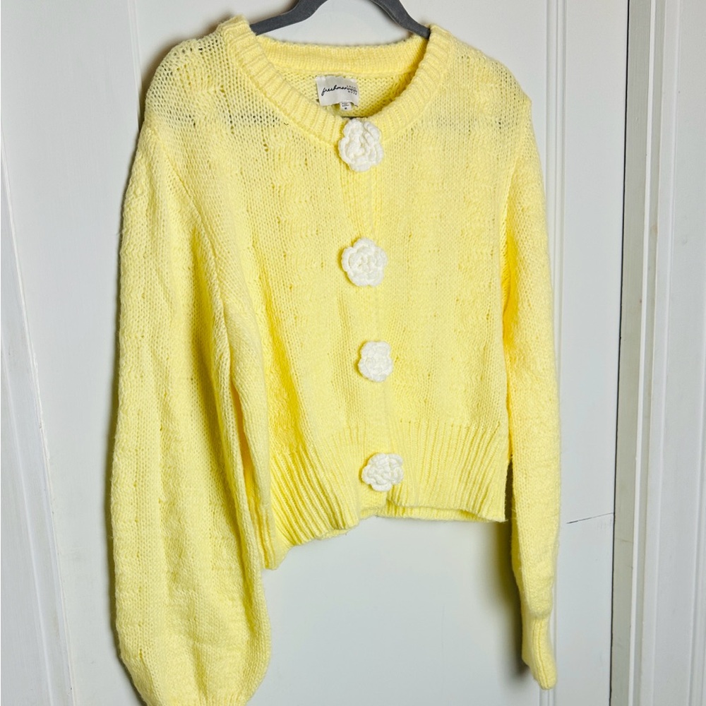 Freshman Yellow Cardigan with White Floral Buttons